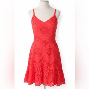 Japna Coral Eyelet Lace Mini Dress Boho Summer Sundress 100% Cotton, M